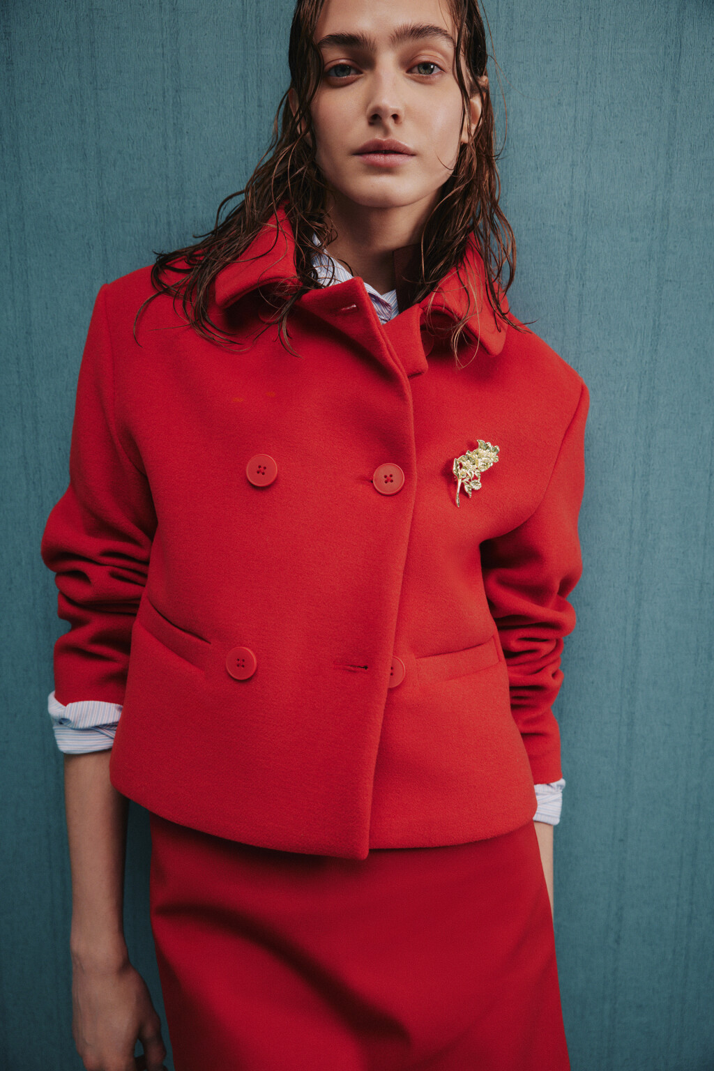 Пальто драповое укороченное с отложным воротником - цвет красный - 1