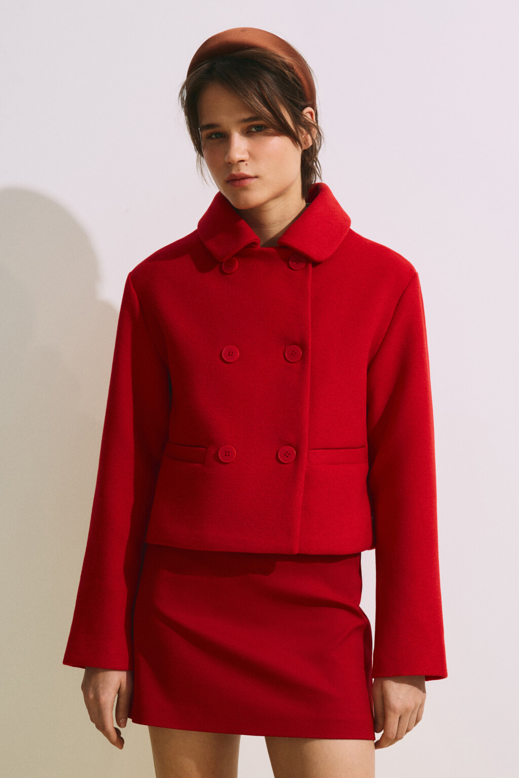 Пальто драповое укороченное с отложным воротником - цвет красный - 4
