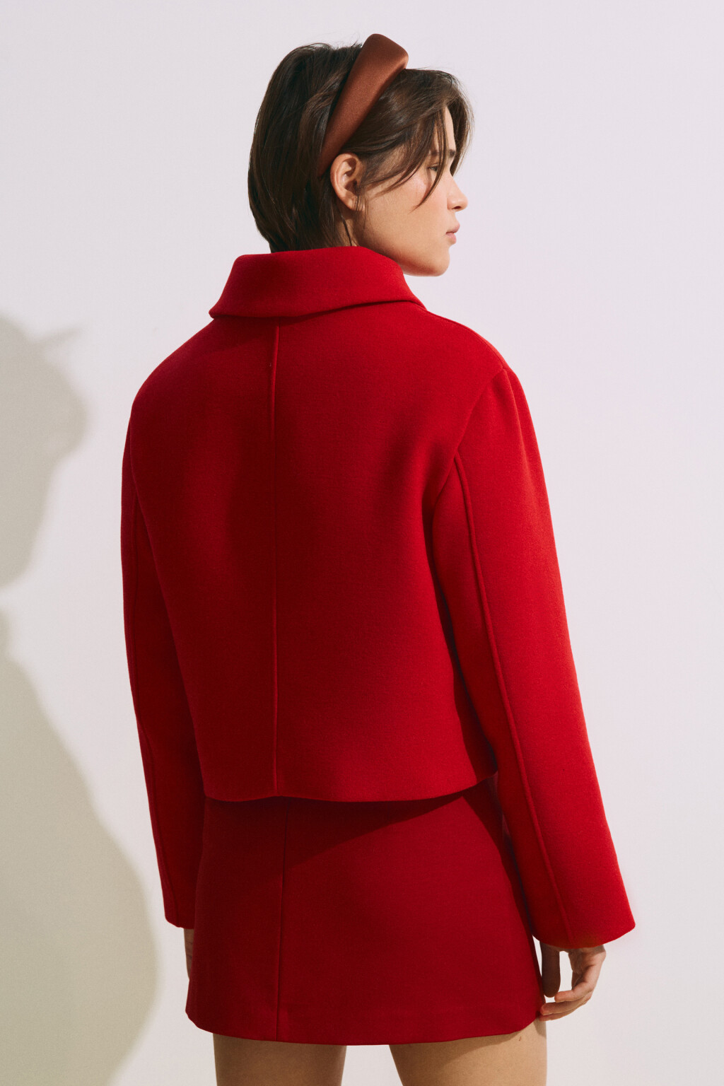Пальто драповое укороченное с отложным воротником - цвет красный - 5