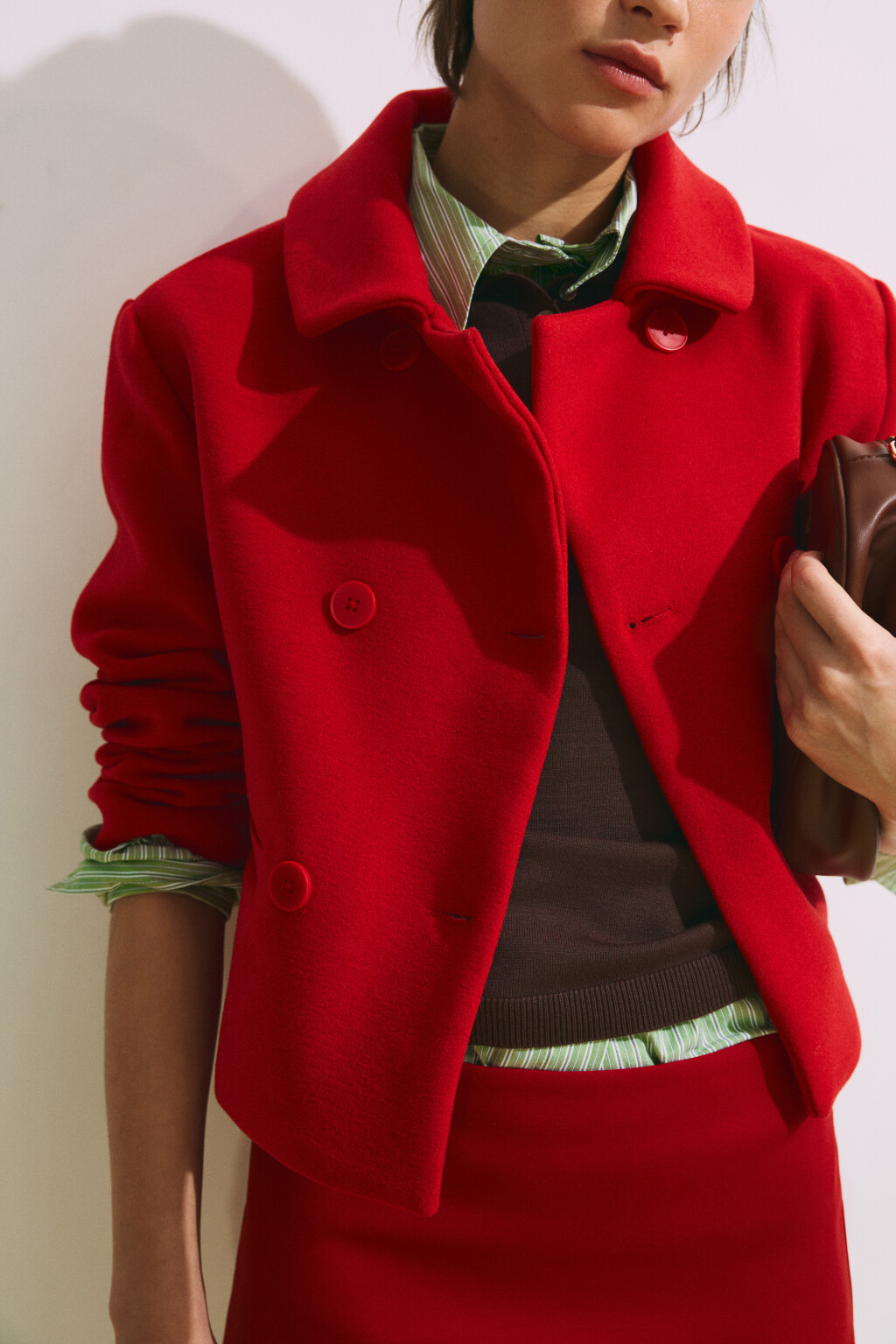 Пальто драповое укороченное с отложным воротником - цвет красный - 8
