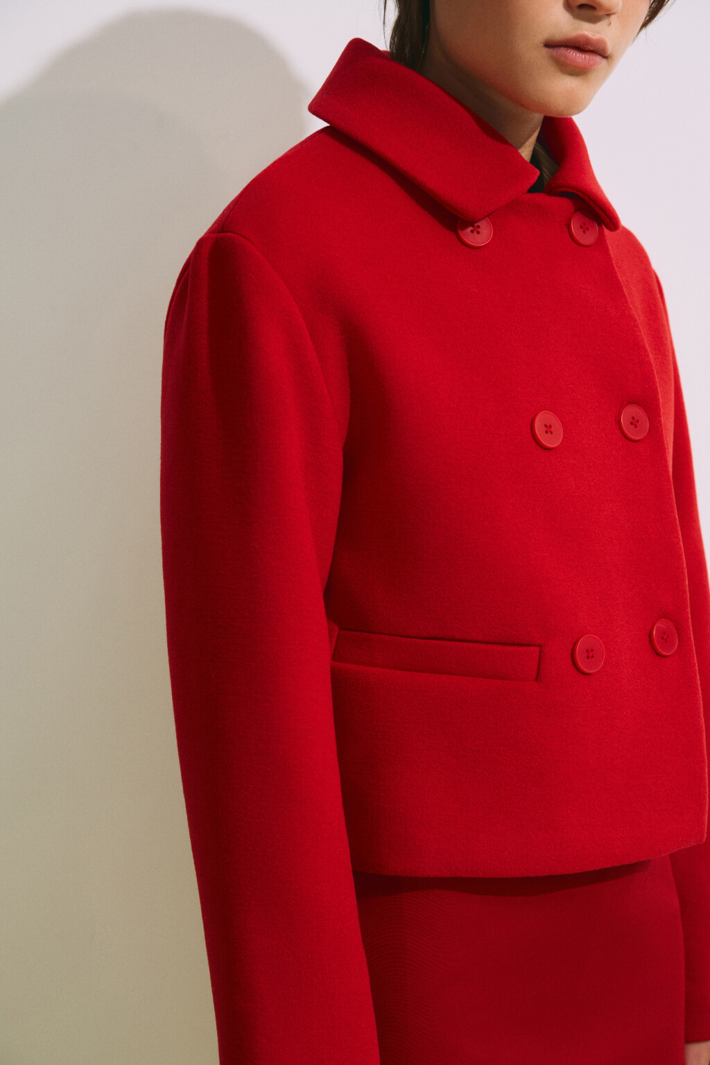 Пальто драповое укороченное с отложным воротником - цвет красный - 9