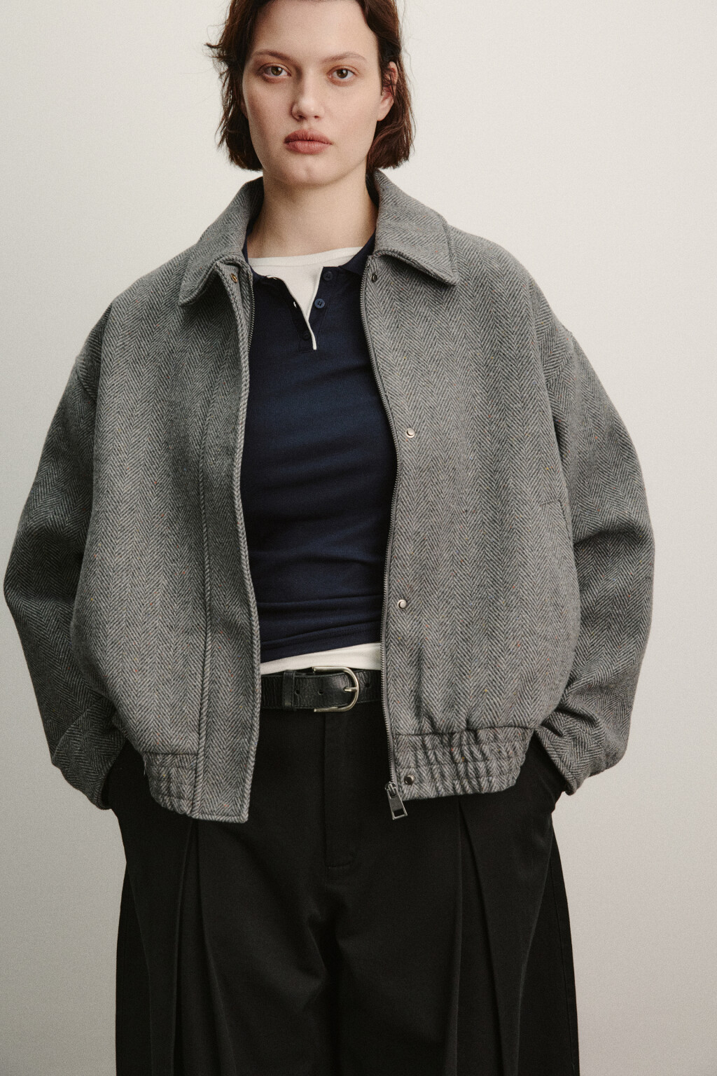 Куртка-бомбер драповая с отложным воротником - цвет серый - 1