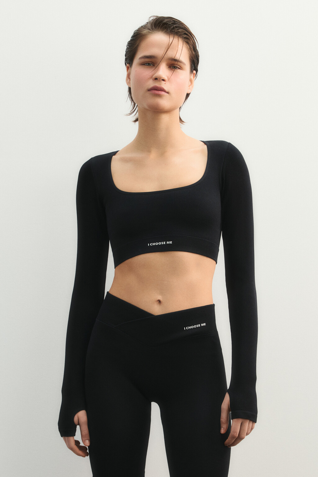 лонгслив спортивный в рубчик с надписью - цвет черный - 2