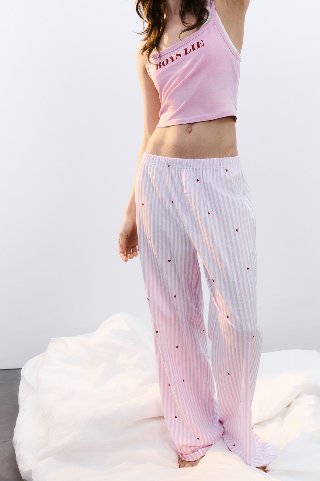 Брюки домашние хлопковые на пуговицах с принтом - цвет красный - 1