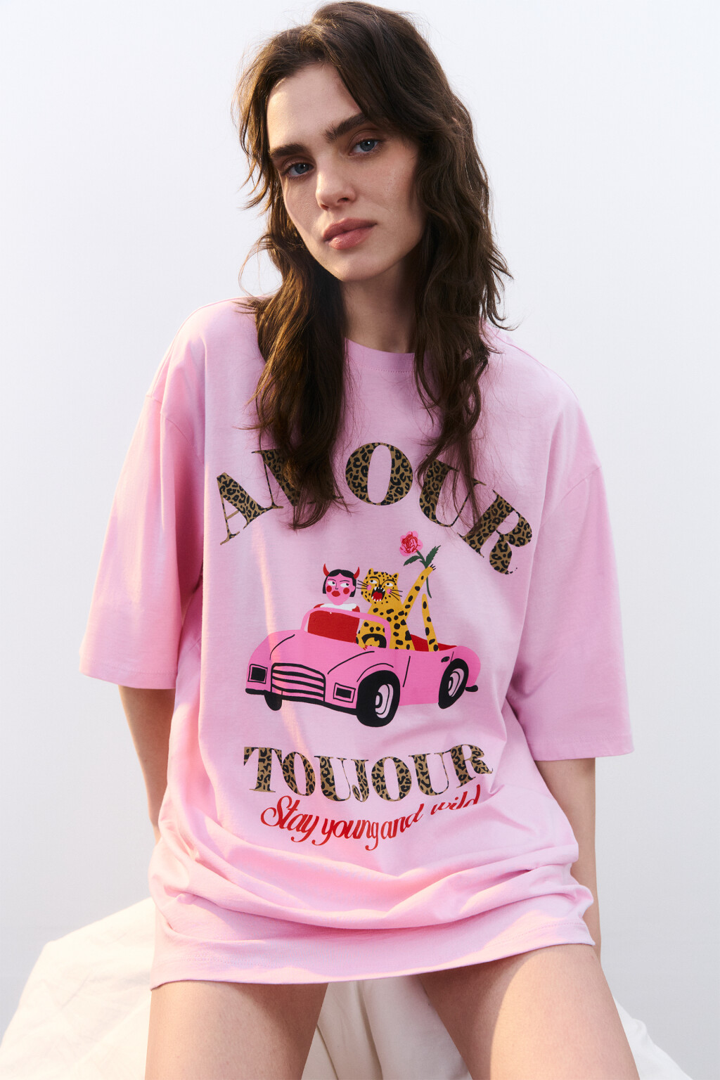 Платье-футболка домашнее хлопковое с принтом - цвет розовый - 1