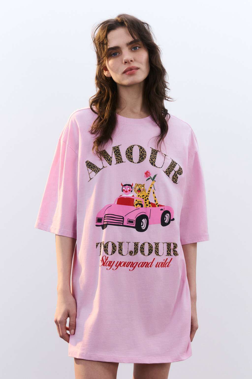 Платье-футболка домашнее хлопковое с принтом - цвет розовый - 2