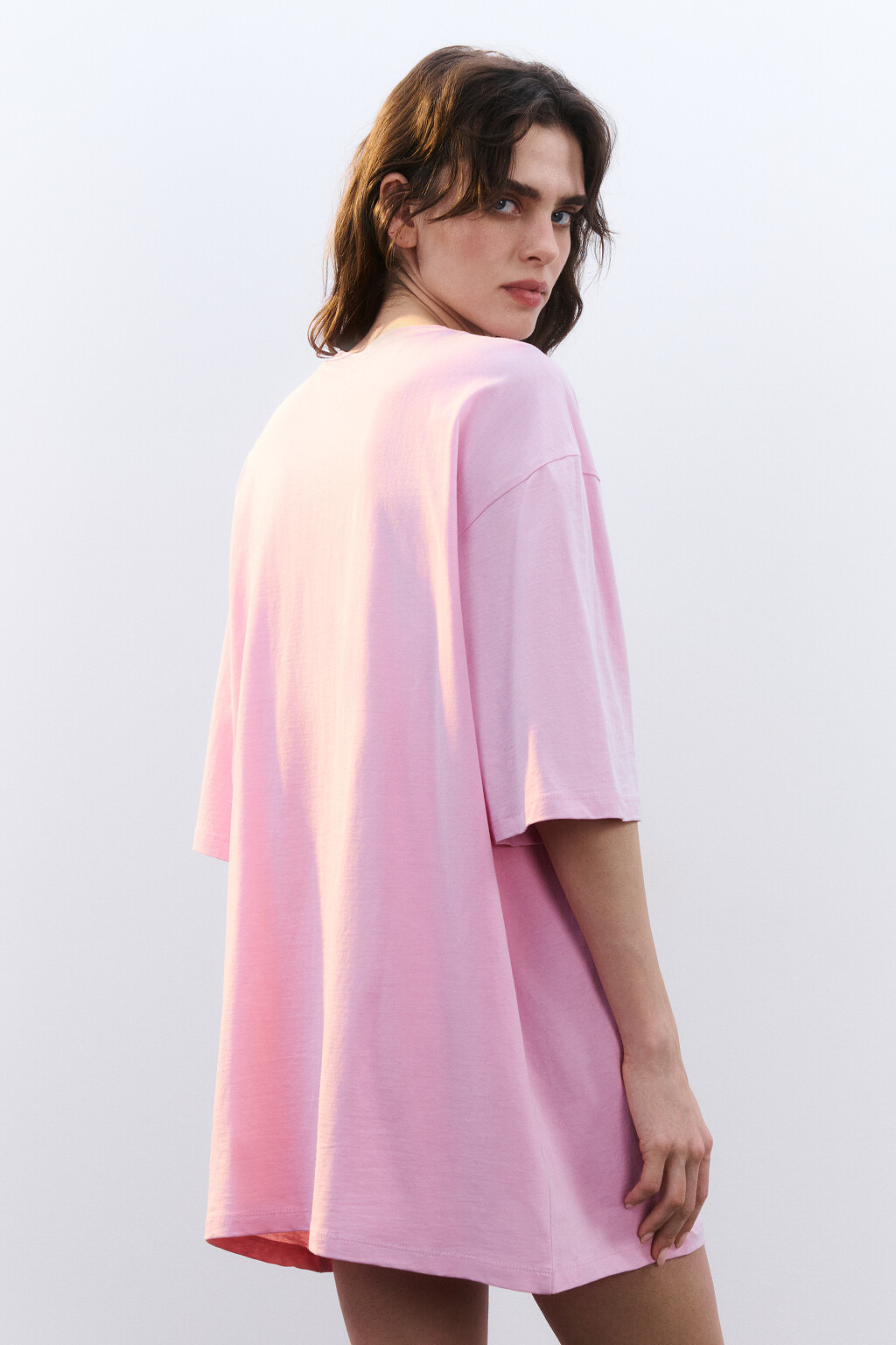 Платье-футболка домашнее хлопковое с принтом - цвет розовый - 3