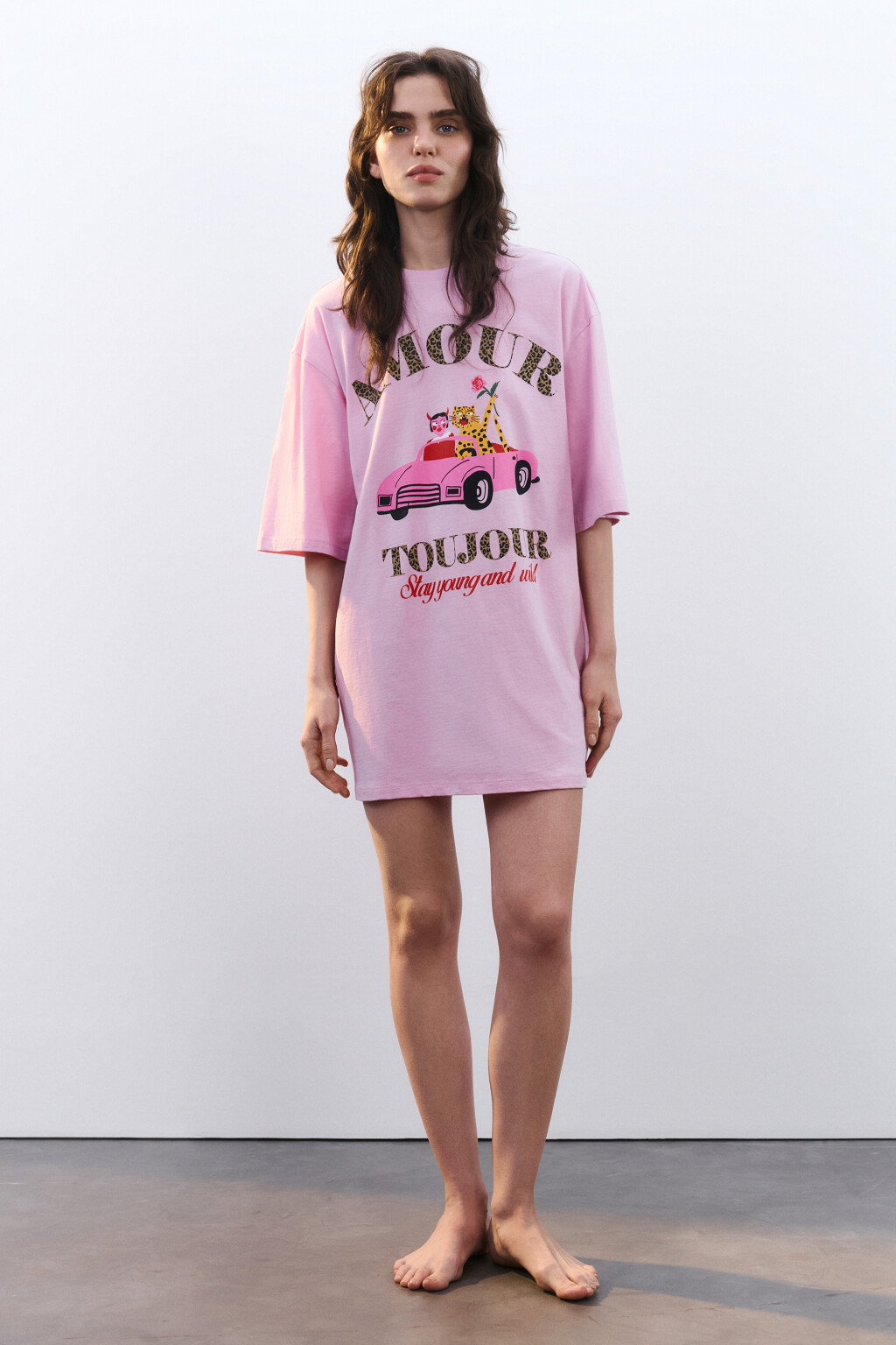 Платье-футболка домашнее хлопковое с принтом - цвет розовый - 4
