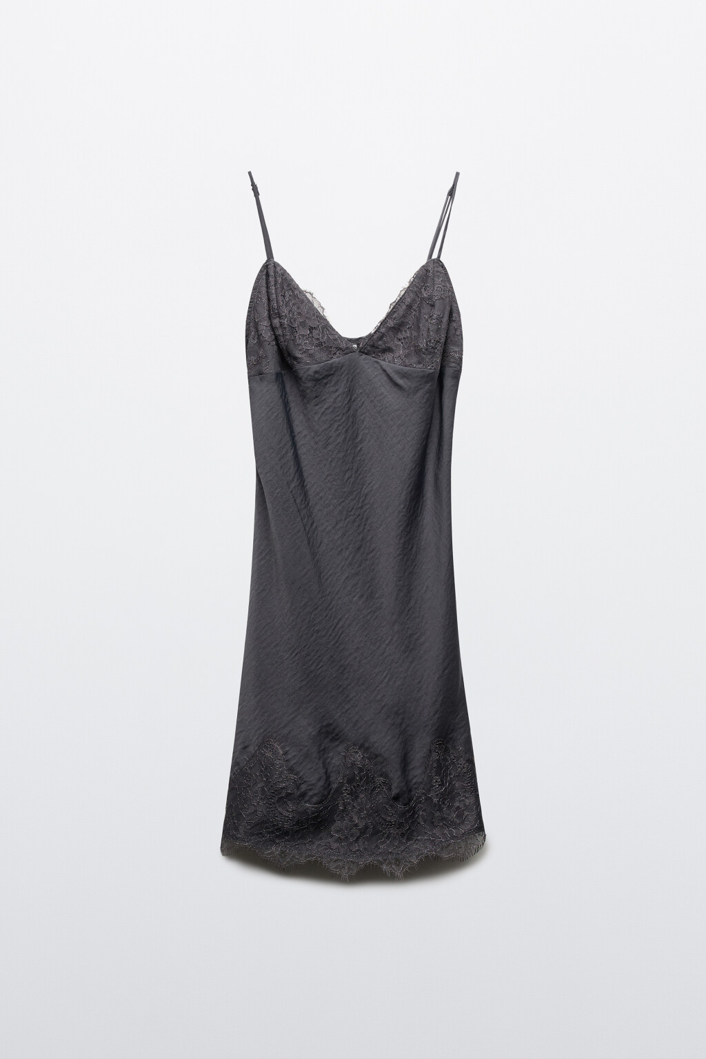 Платье домашнее с атласной фактурой и кружевом - цвет серый - 1