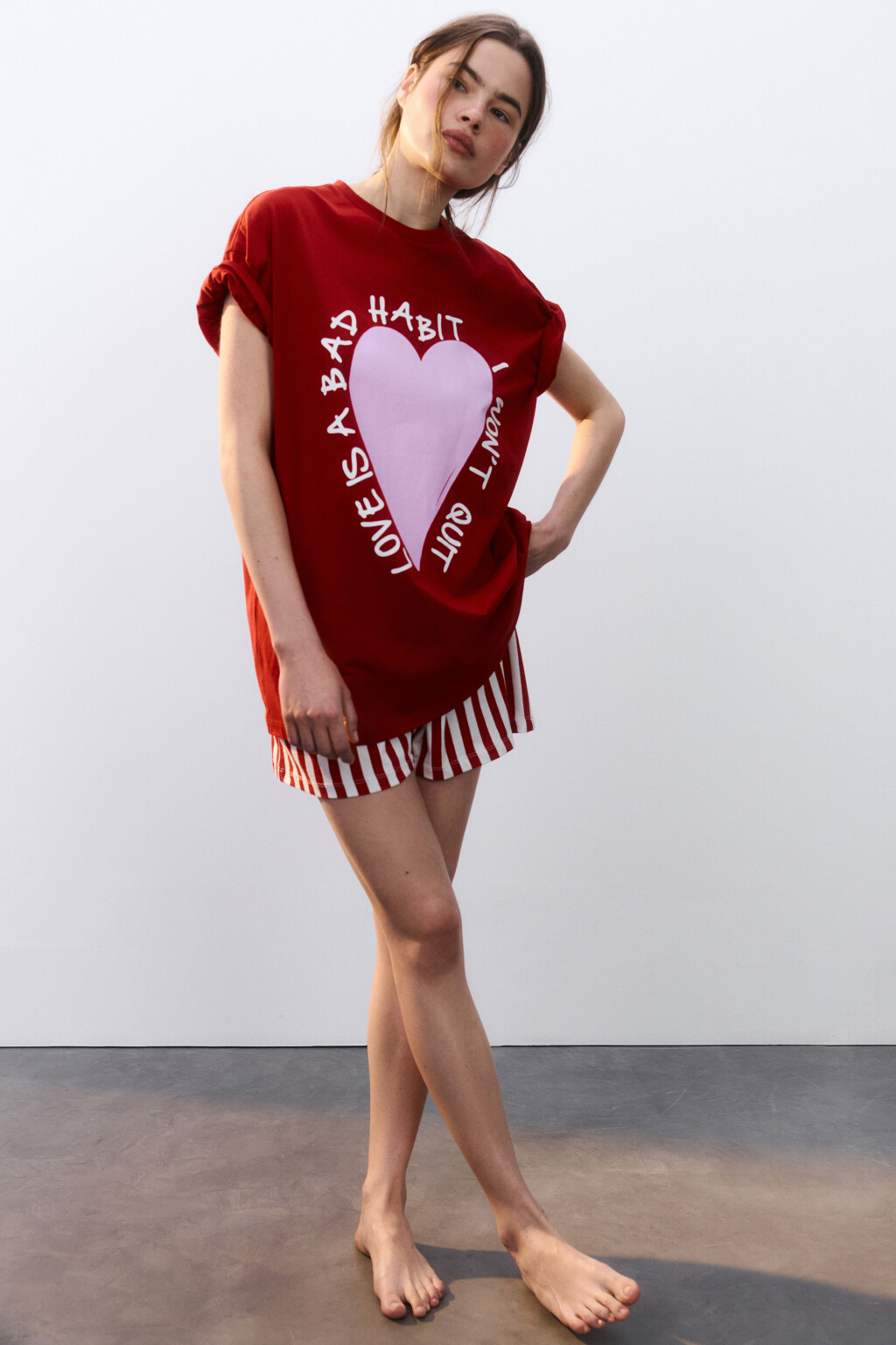 Футболка хлопковая домашняя с принтом - цвет красный - 1