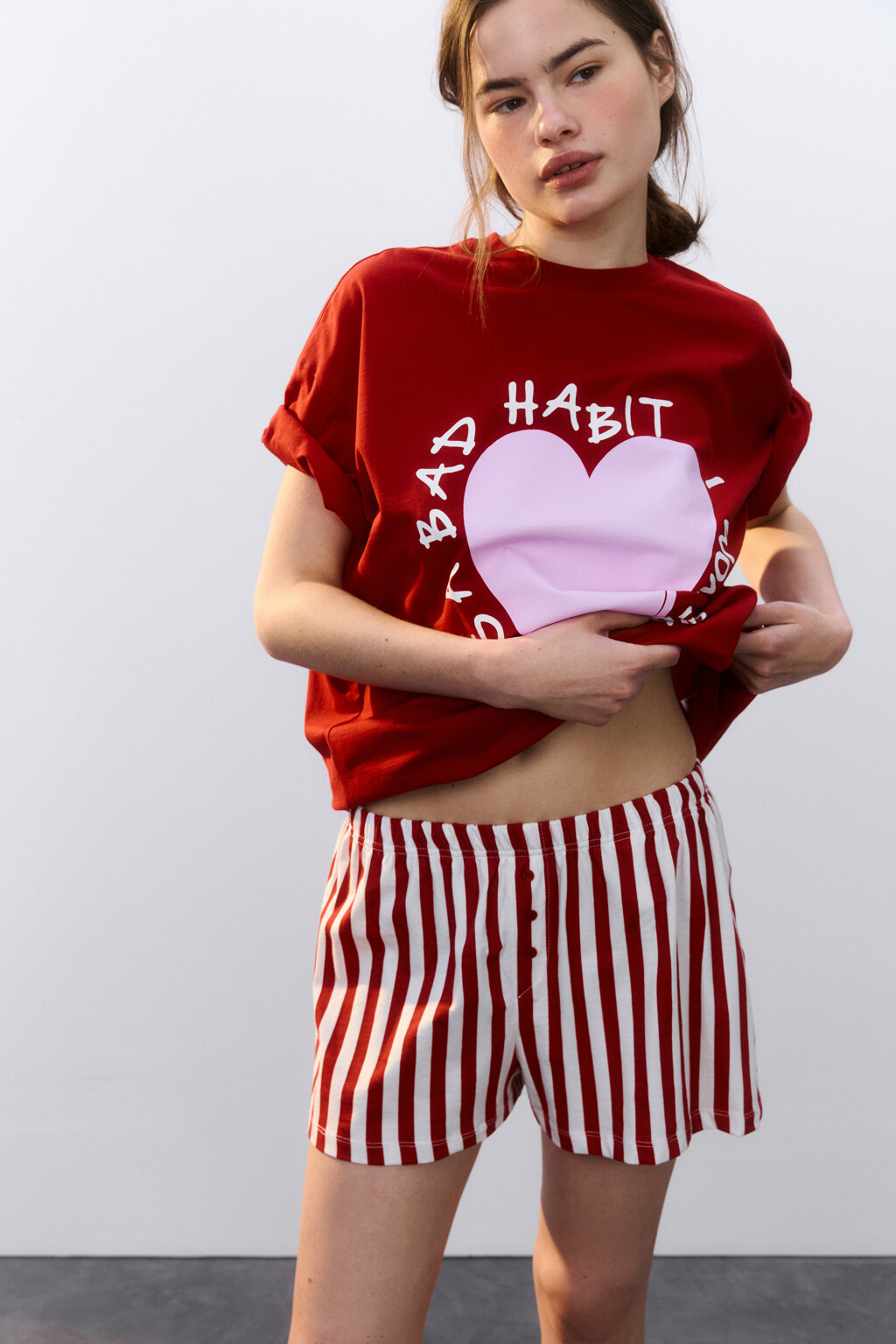 Футболка хлопковая домашняя с принтом - цвет красный - 2