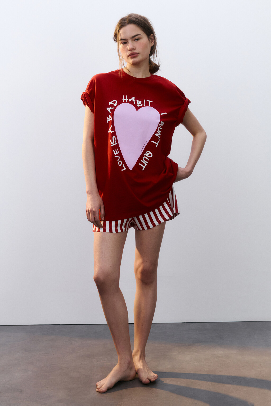 Футболка хлопковая домашняя с принтом - цвет красный - 6