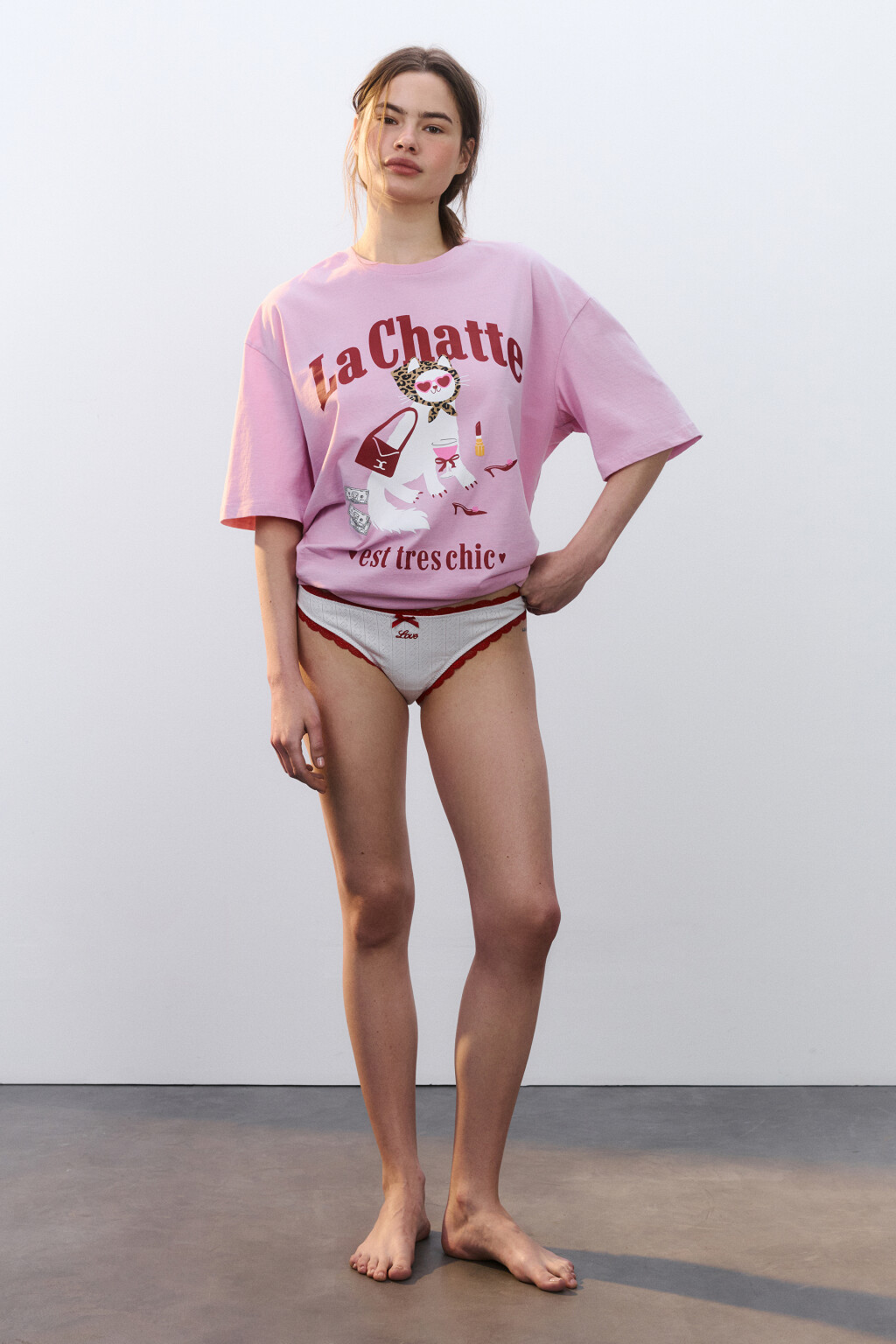 Футболка хлопковая домашняя с принтом - цвет розовый - 4