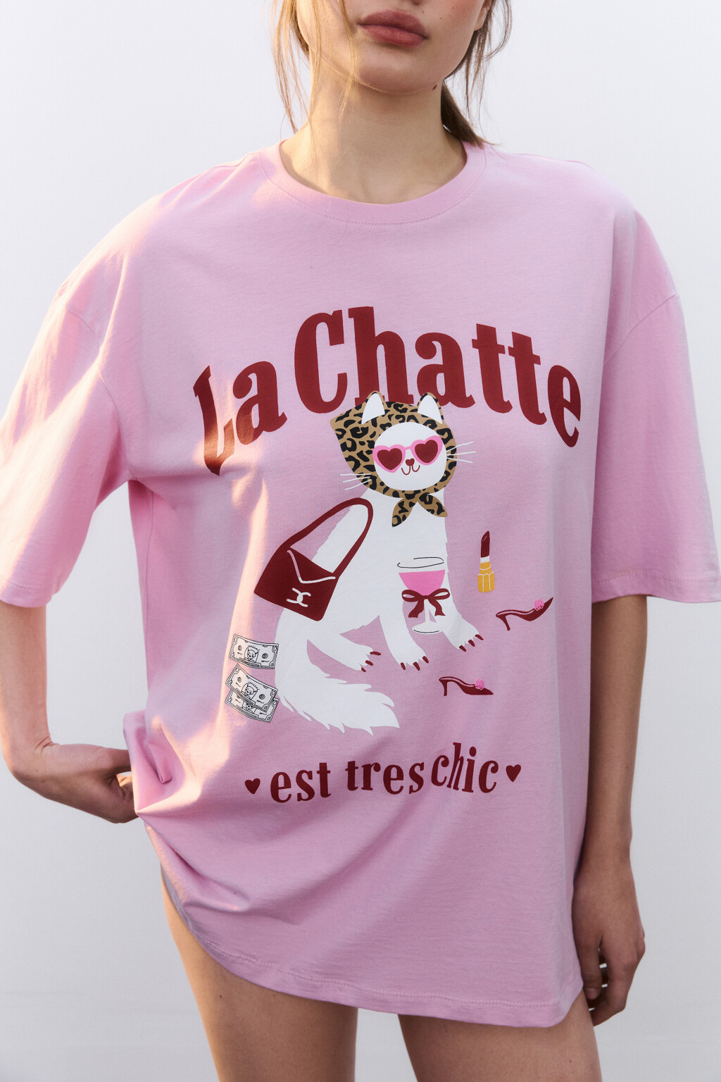 Футболка хлопковая домашняя с принтом - цвет розовый - 5