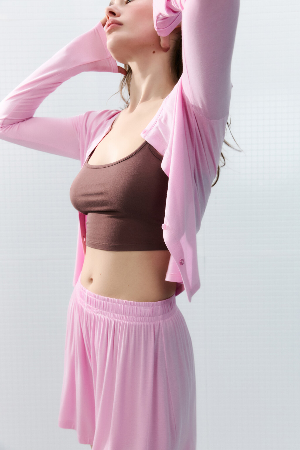 Лонгслив домашний вискозный на пуговицах - цвет розовый - 1