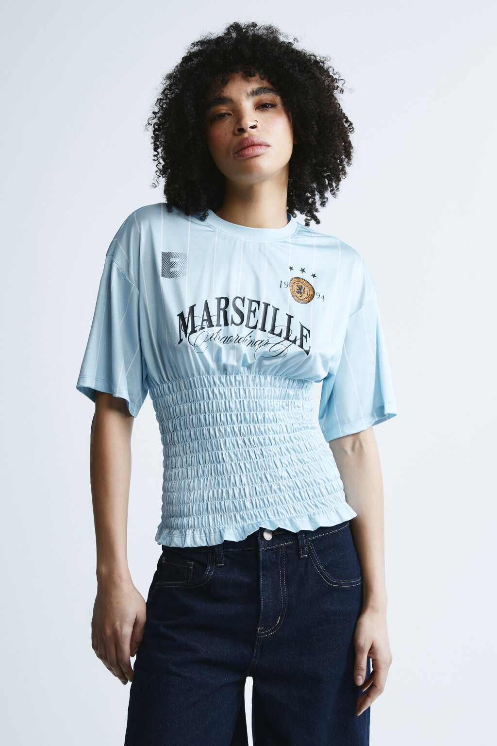 Футболка-джерси с декоративной сборкой - цвет голубой - 2