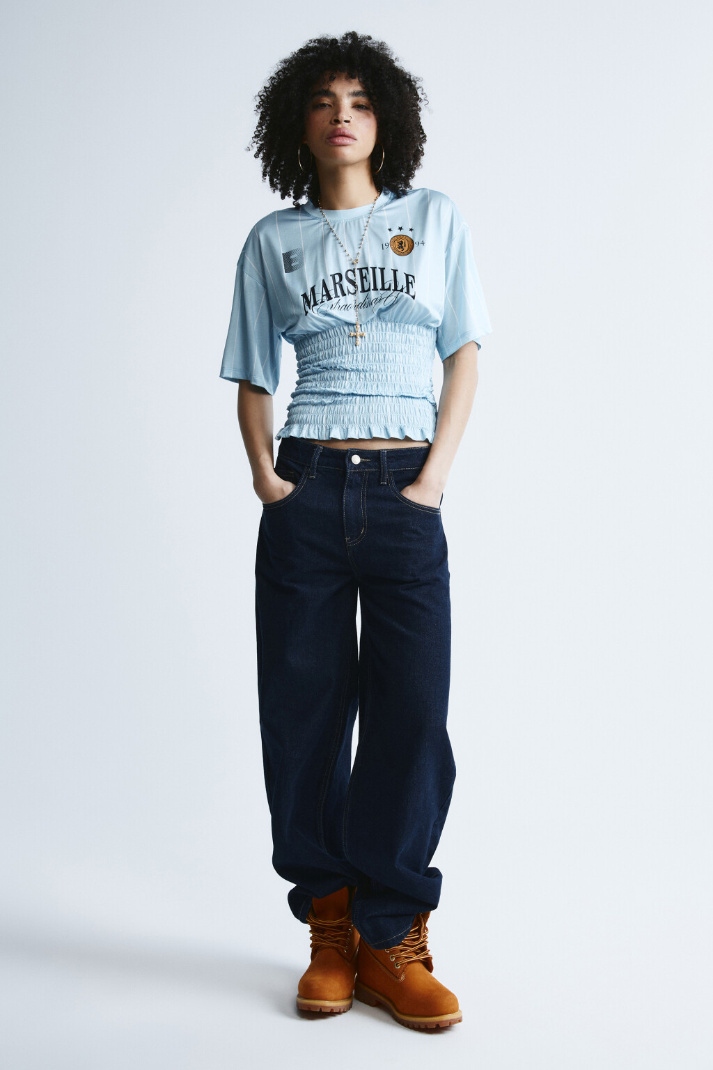 Футболка-джерси с декоративной сборкой - цвет голубой - 4