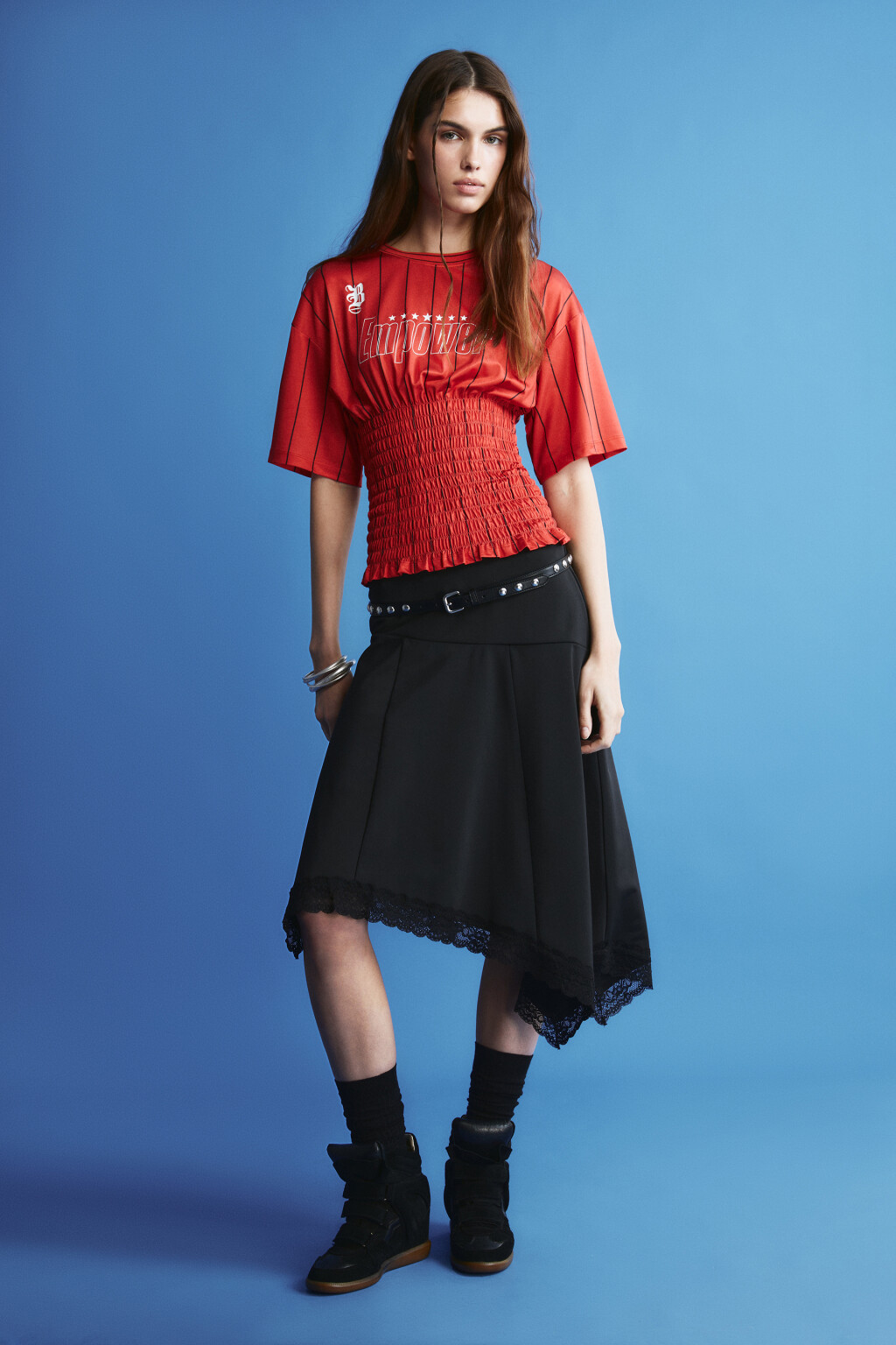 Футболка-джерси с декоративной сборкой - цвет красный - 5