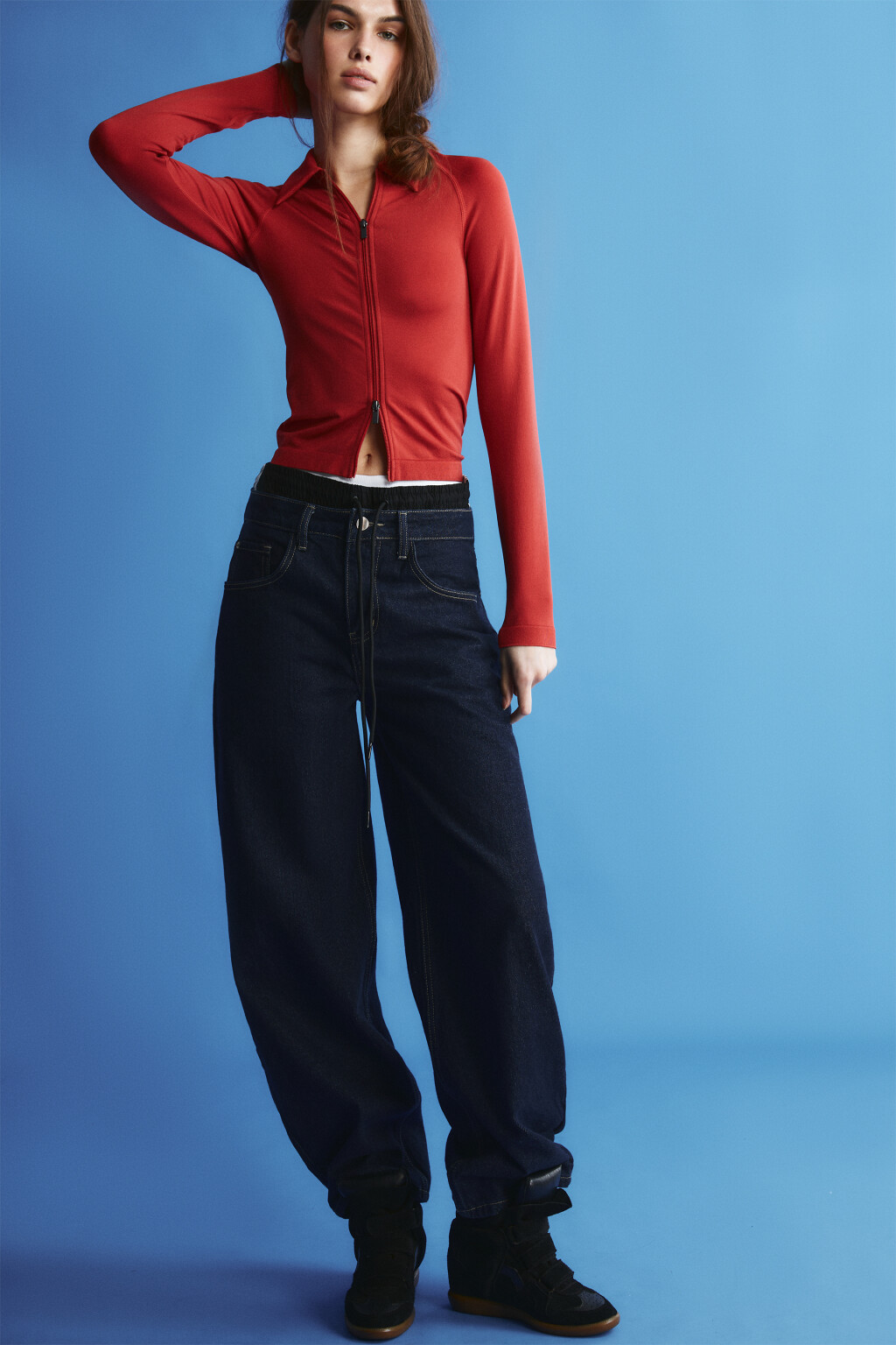 Лонгслив на молнии с воротником - цвет красный - 2