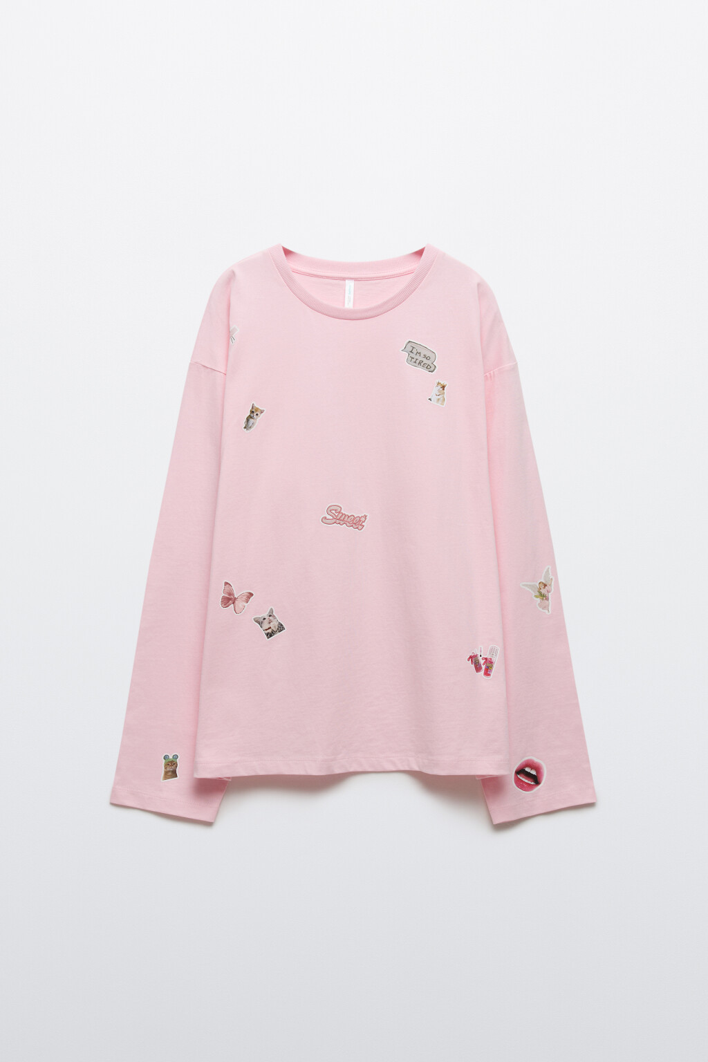 Лонгслив хлопковый oversize со стикерами - цвет розовый - 1