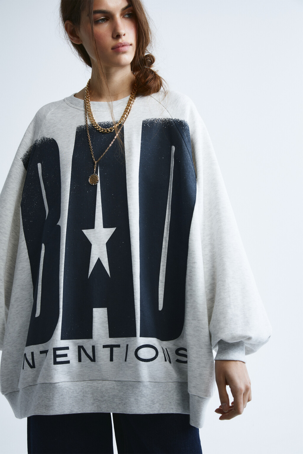 Свитшот свободный с принтом  - цвет серый - 2