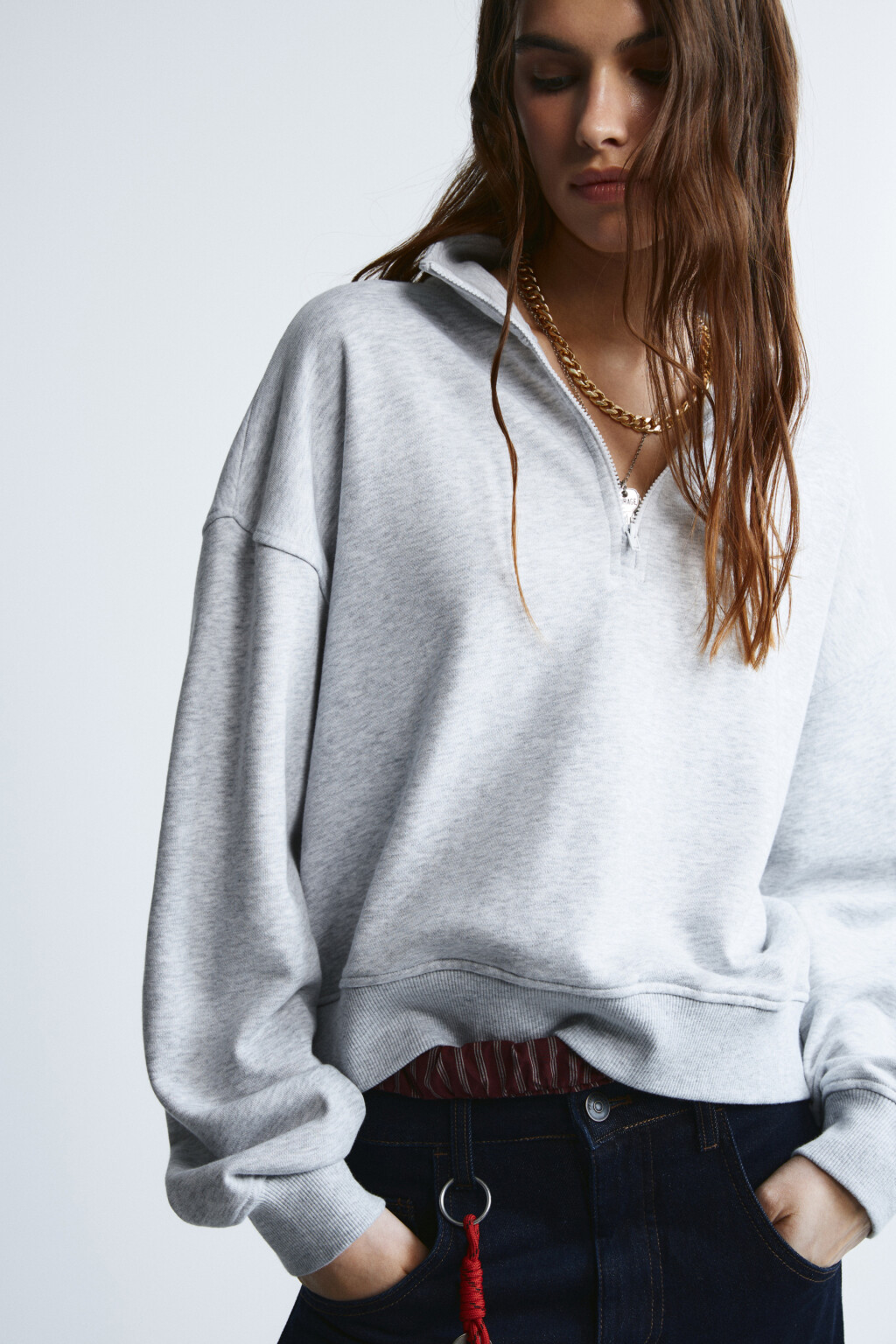 Свитшот с воротником на молнии - цвет серый - 1