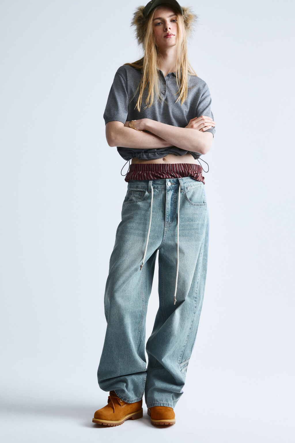 Джинсы baggy fit с декоративными швами и завязками - цвет синий - 1