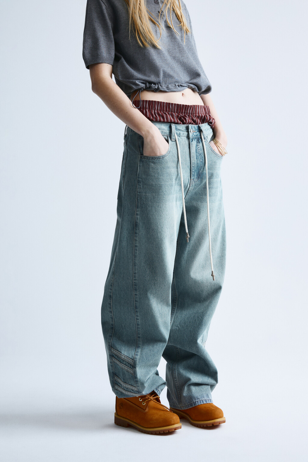 Джинсы baggy fit с декоративными швами и завязками - цвет синий - 2