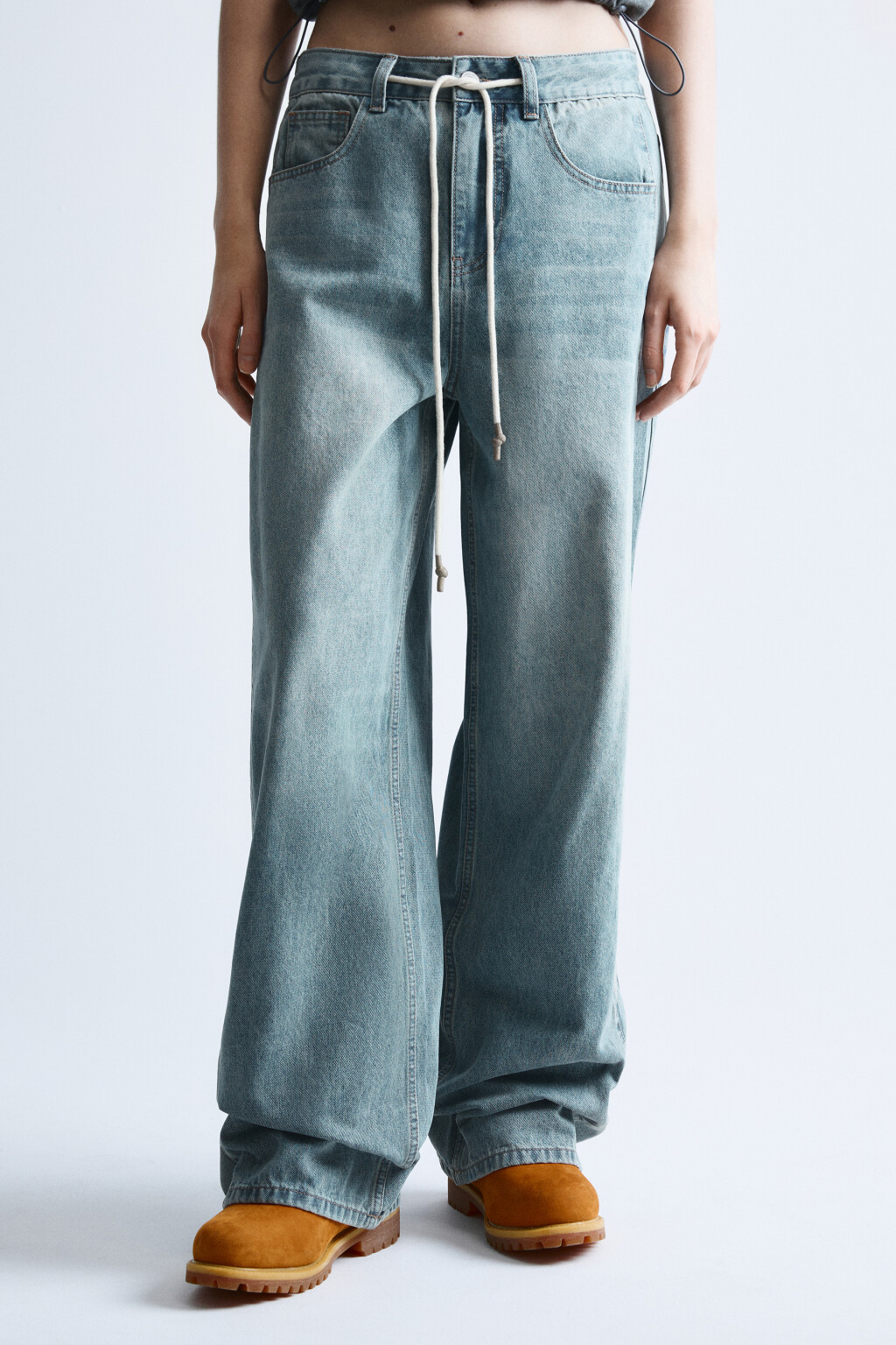 Джинсы baggy fit с декоративными швами и завязками - цвет синий - 3