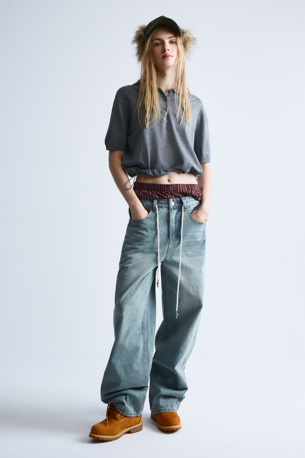 Джинсы baggy fit с декоративными швами и завязками - цвет синий - 5