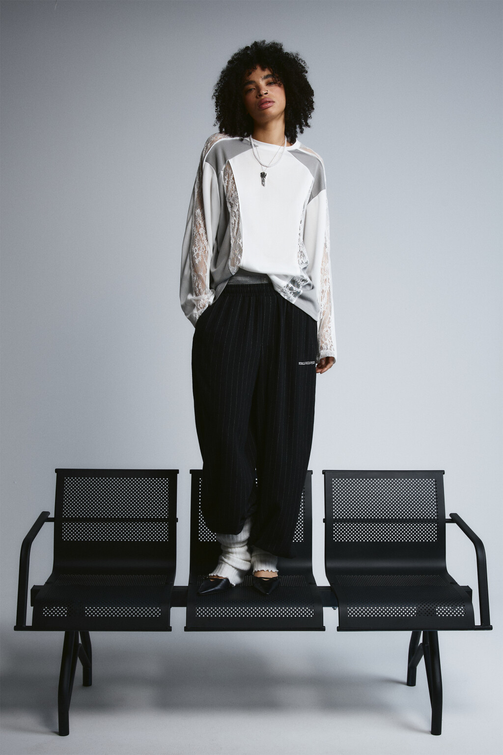 Брюки широкие в полосочку - цвет серый - 2