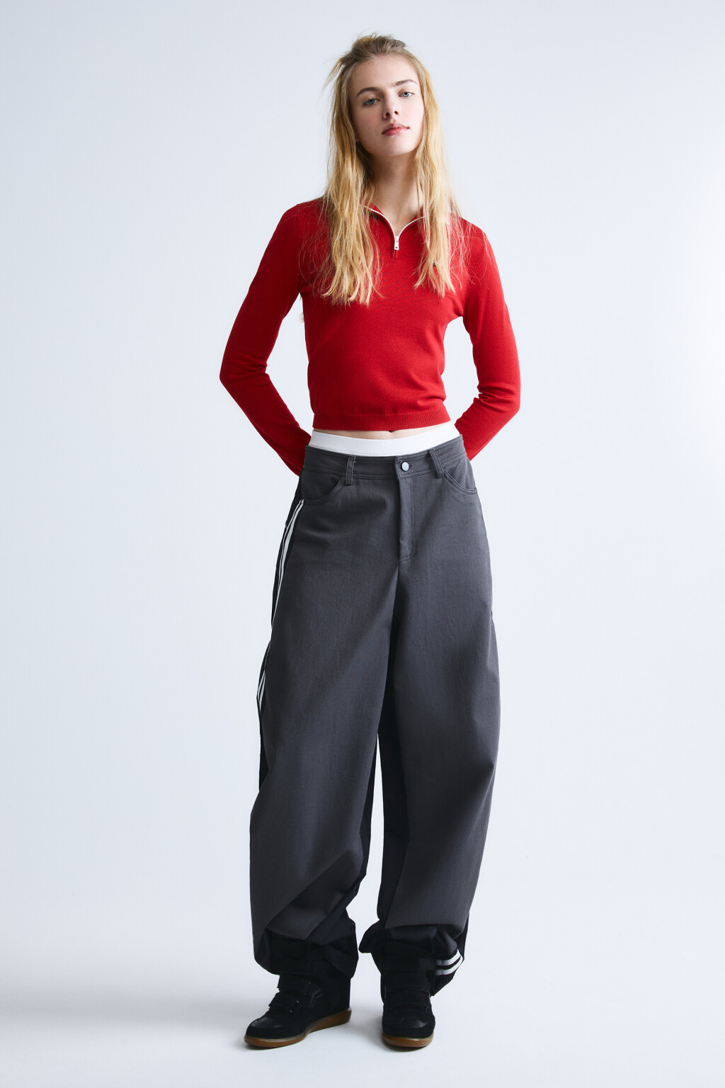 Брюки wide leg твиловые с лампасами - цвет серый - 5