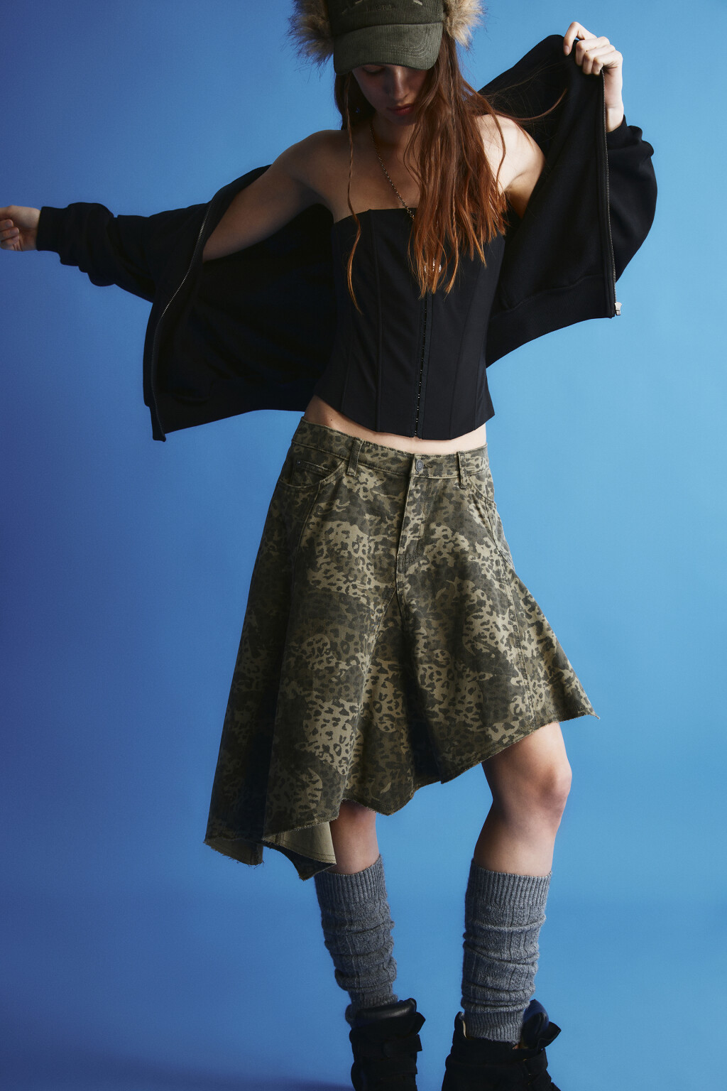 Юбка миди асимметричная с леопардовым принтом - цвет зеленый - 1