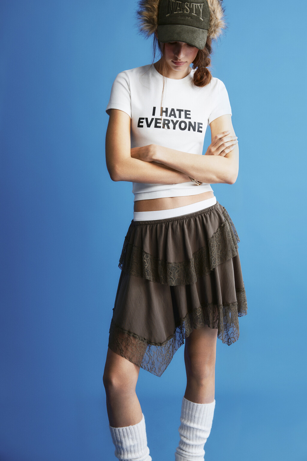 Юбка-мини асимметричная с кружевом - цвет зеленый - 1