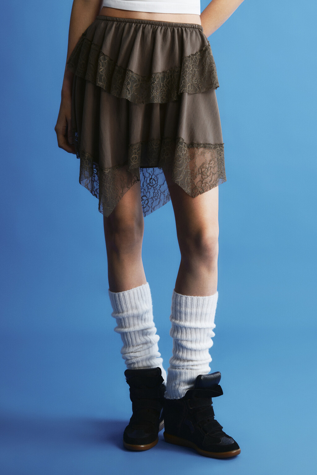 Юбка-мини асимметричная с кружевом - цвет зеленый - 3