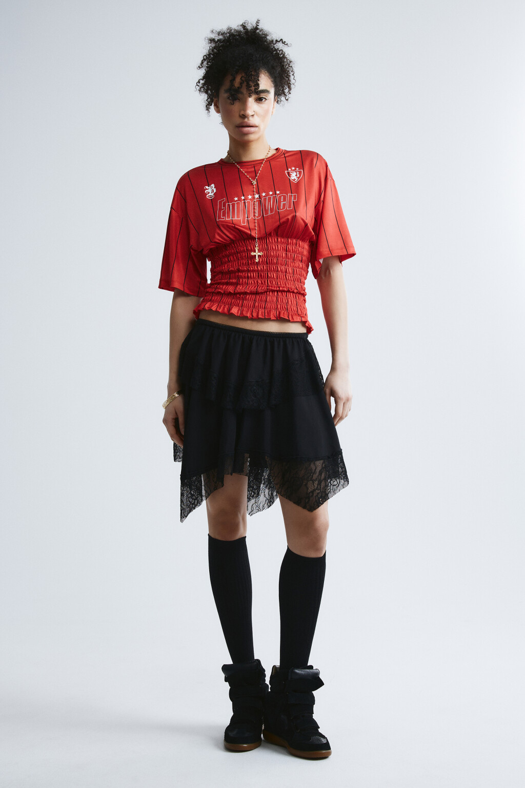 Юбка-мини асимметричная с кружевом - цвет черный - 5