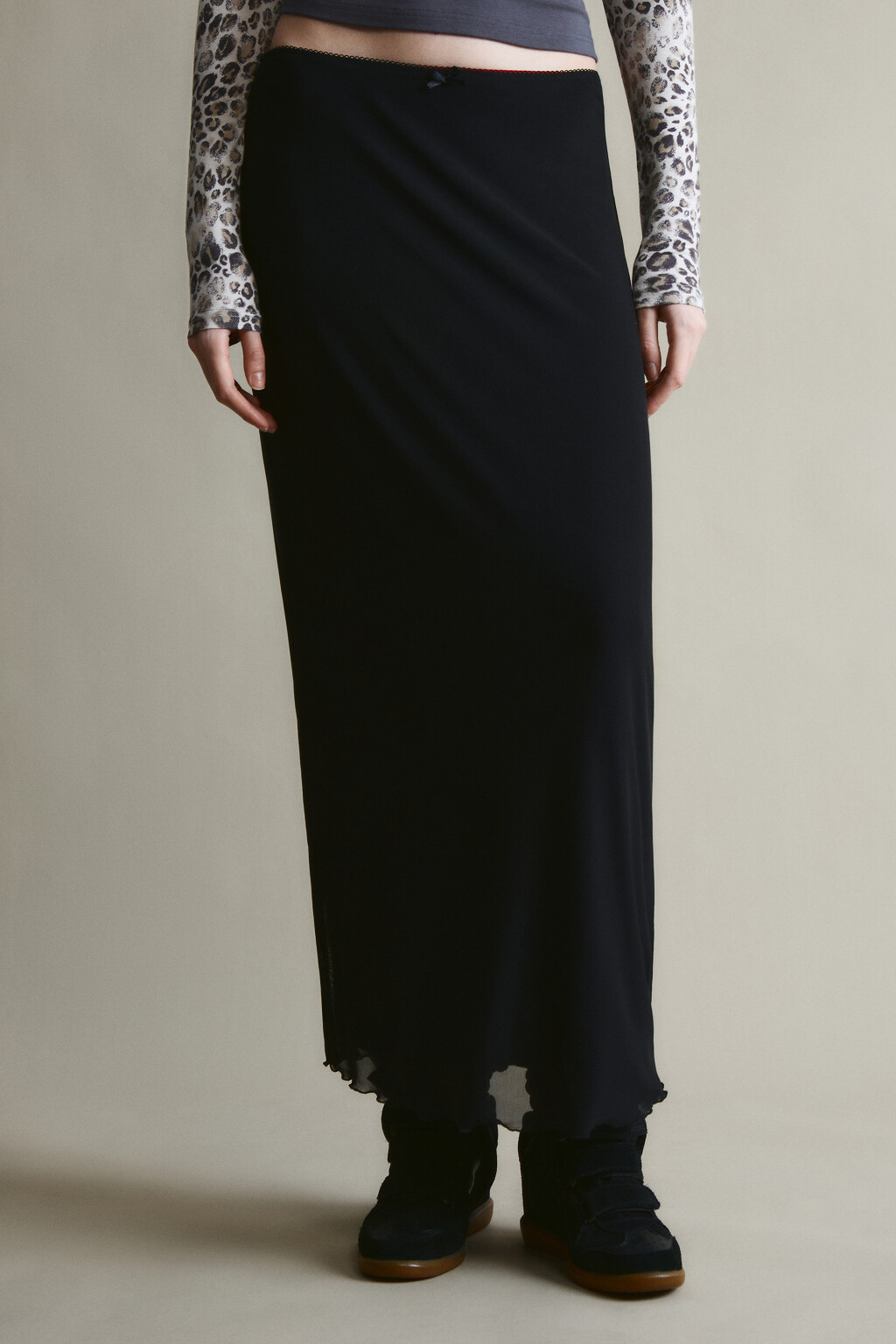 Юбка миди из сетки с кружевом - цвет черный - 2