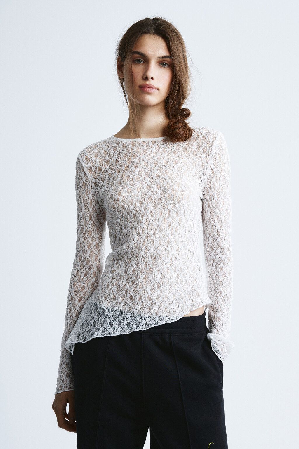 Блузка кружевная с асимметричным низом и разрезом - цвет молочный - 2