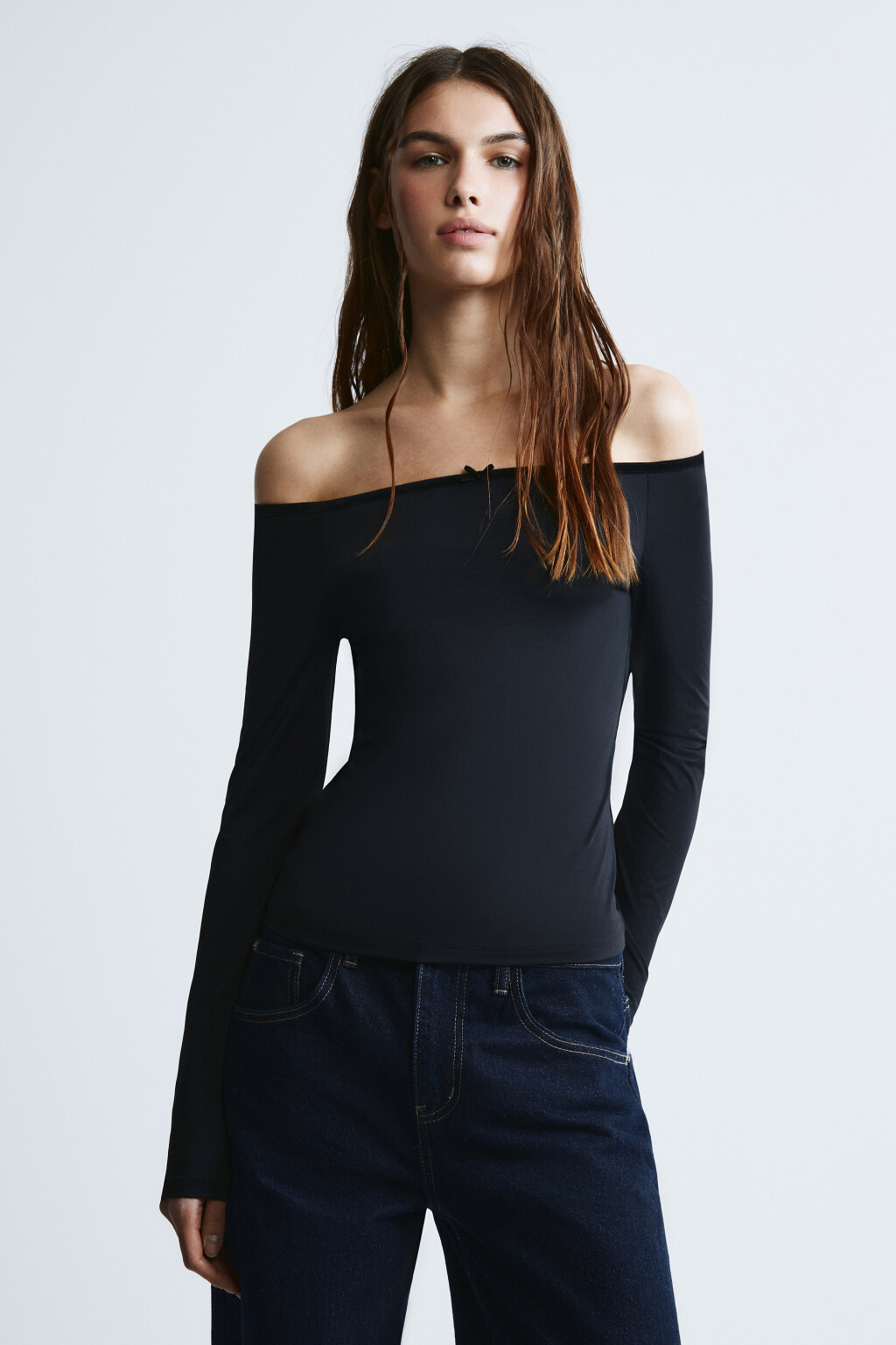 Лонгслив облегающий с бантиком - цвет черный - 2