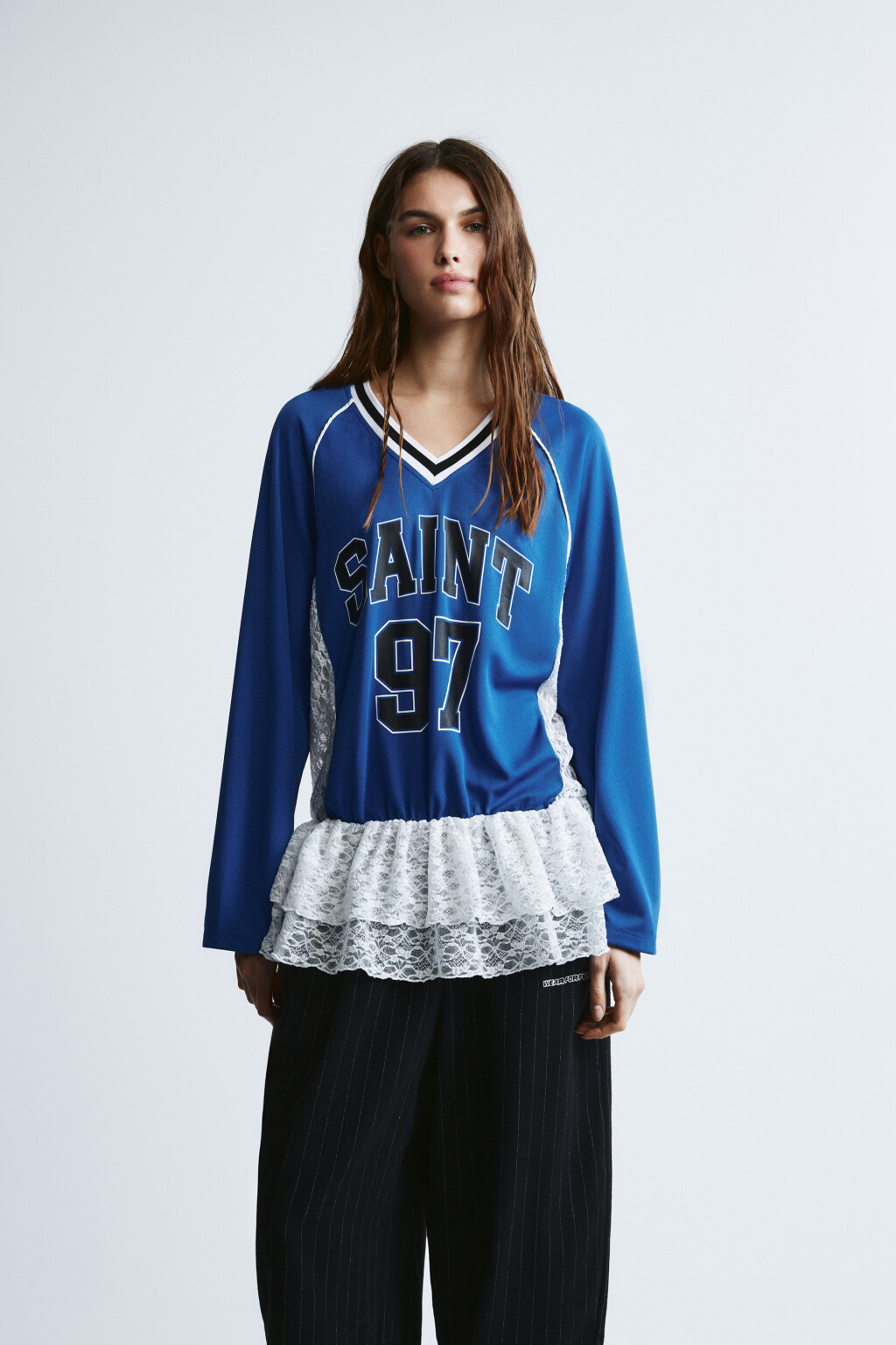 Блузка-джерси oversize с кружевом - цвет синий - 3