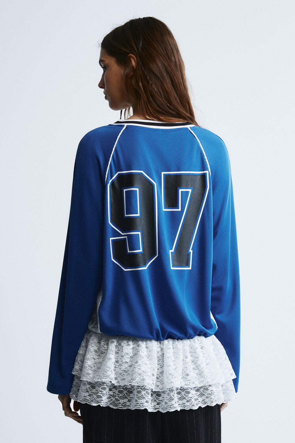 Блузка-джерси oversize с кружевом - цвет синий - 4