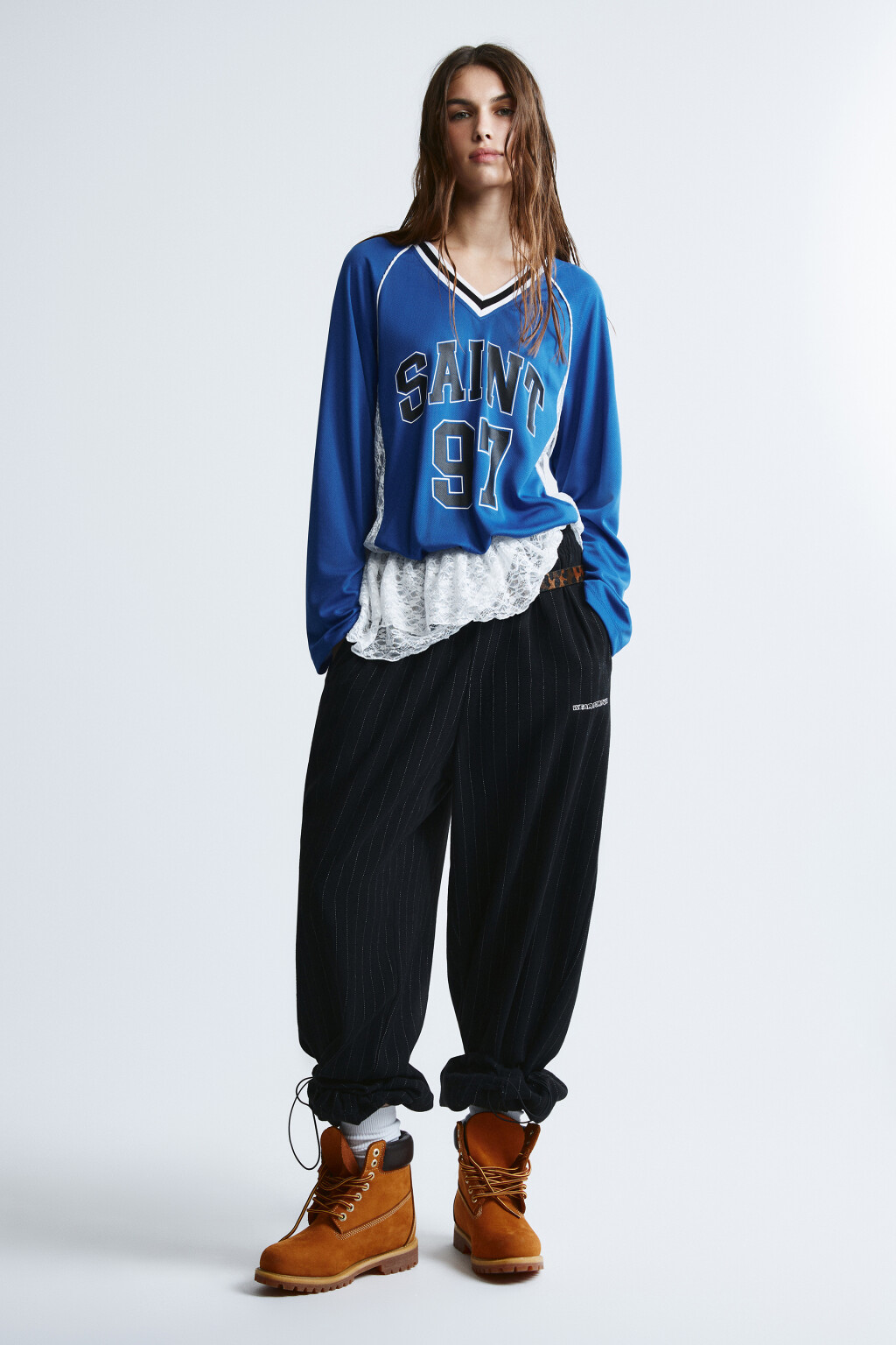 Блузка-джерси oversize с кружевом - цвет синий - 5