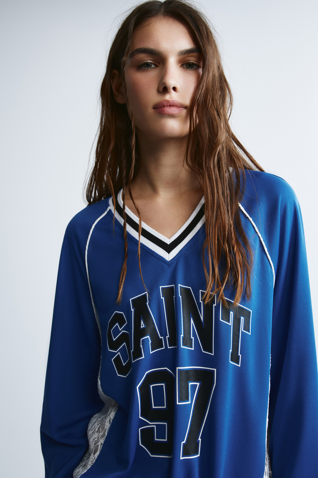 Блузка-джерси oversize с кружевом - цвет синий - 6