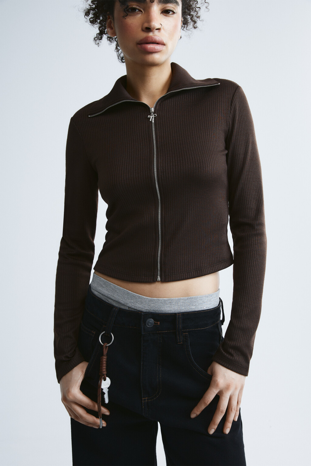 Кардиган на молнии с воротником-стойкой - цвет коричневый - 1