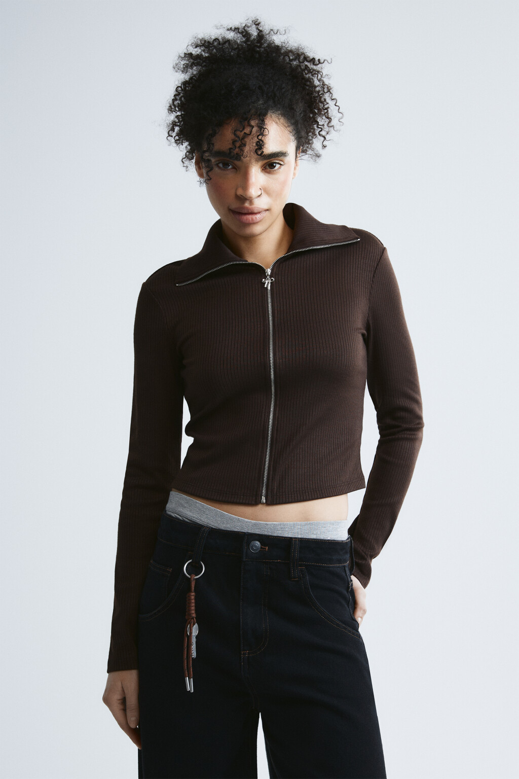 Кардиган на молнии с воротником-стойкой - цвет коричневый - 2