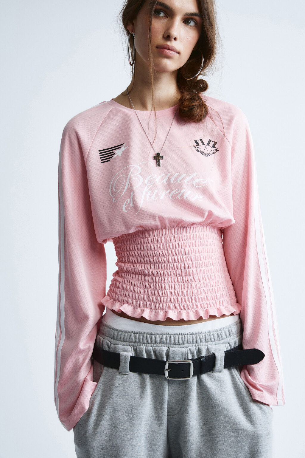 Лонгслив-джерси с декоративной сборкой - цвет розовый - 1