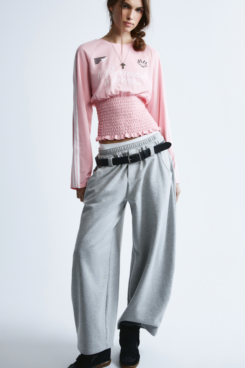 Лонгслив-джерси с декоративной сборкой - цвет розовый - 2