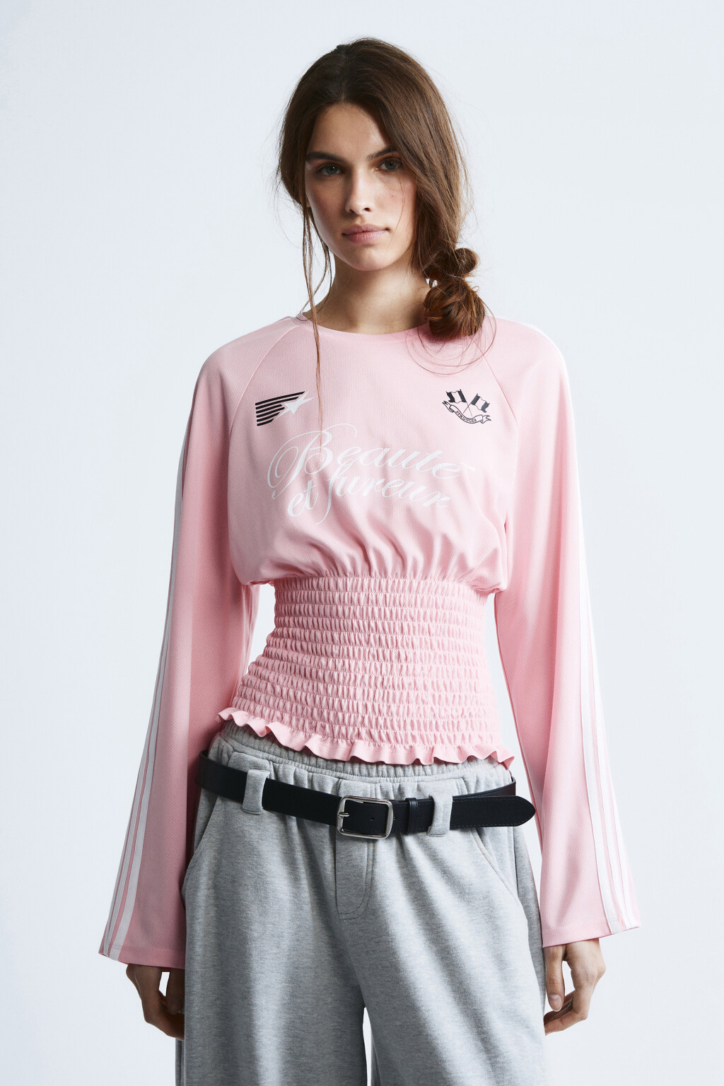 Лонгслив-джерси с декоративной сборкой - цвет розовый - 3