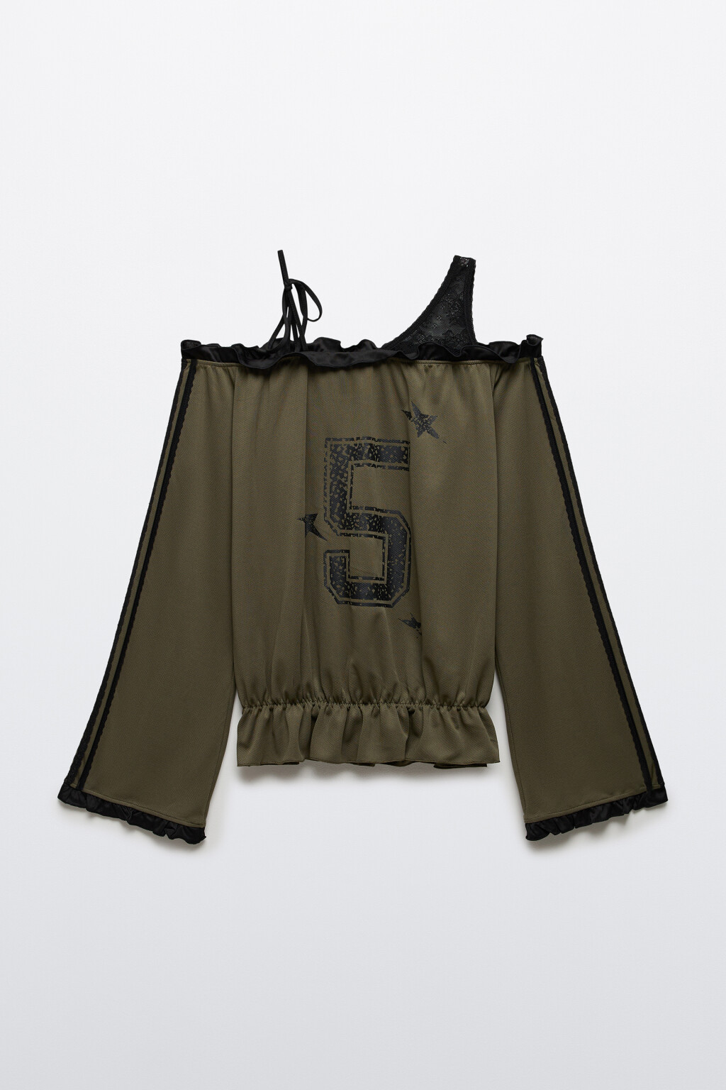 Блузка-джерси с открытыми плечами и кружевом - цвет зеленый - 1