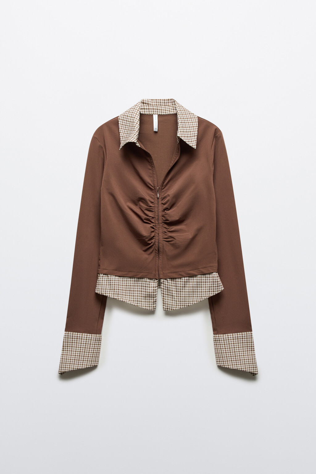 Лонгслив двухслойный на молнии с воротником - цвет коричневый - 1